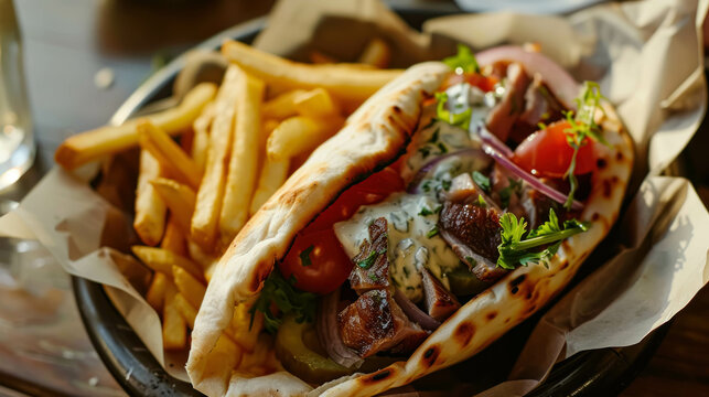 Souvlaki de cerdo con pan pita, tzatziki, tomate y cebolla